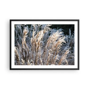 Plakat w czarnej ramie - Zimowe źdźbła traw pokryte szronem na tle ciemnej zieleni - 70x50cm - Szronem ustrojone - Nowoczesna dekoracja ścienna do salonu i sypialni ARTTOR