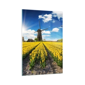 Obraz na szkle - Pole żółtych tulipanów z wiatrakami na horyzoncie - 70x100cm - Bardziej holenderski być nie może - Nowoczesna dekoracja ścienna do salonu i sypialni ARTTOR