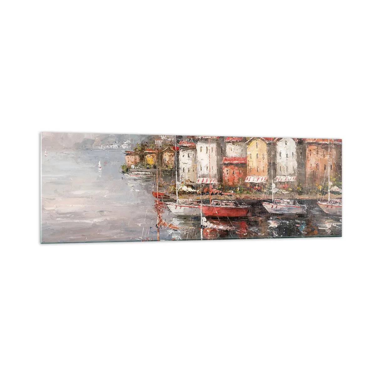 Obraz na szkle - Nadmorska sceneria z łodziami i kolorowymi domami - 160x50cm - Romantyczna przystań - Nowoczesna dekoracja ścienna do salonu i sypialni ARTTOR