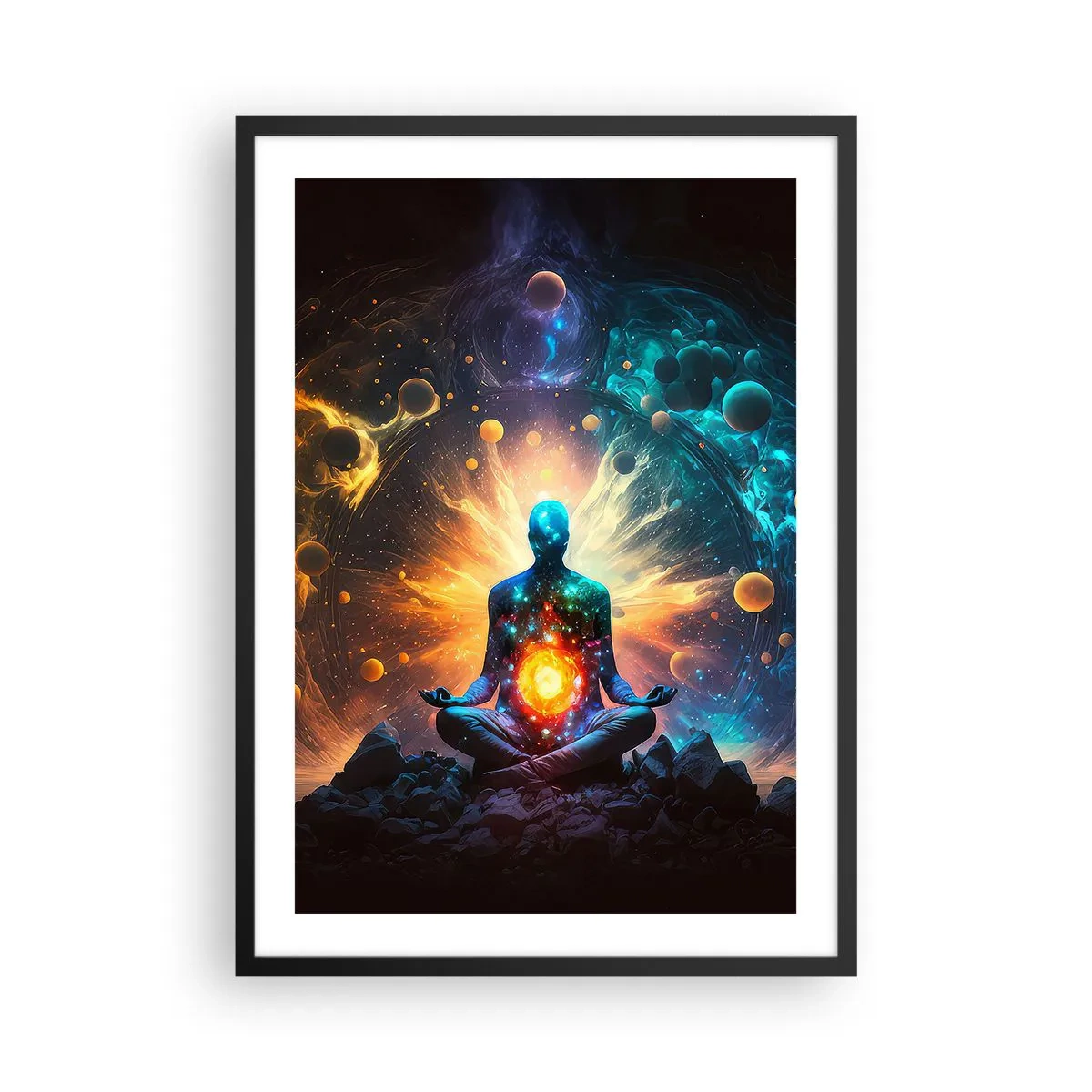 Plakat w czarnej ramie - Medytująca postać w kosmicznej aurze pełnej energii - 50x70cm - Kosmiczny spokój - Nowoczesna dekoracja ścienna do salonu i sypialni ARTTOR