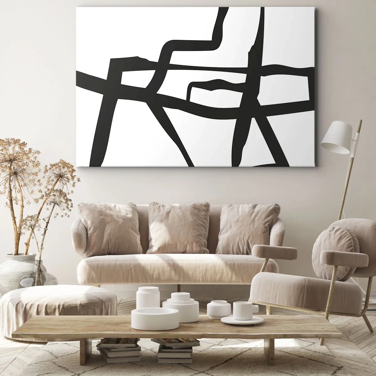 Obraz na płótnie - Minimalistyczny czarno-biały wzór z geometrycznymi liniami - 70x50cm - Czarno-biała konstrukcja - Nowoczesna dekoracja ścienna do salonu i sypialni ARTTOR