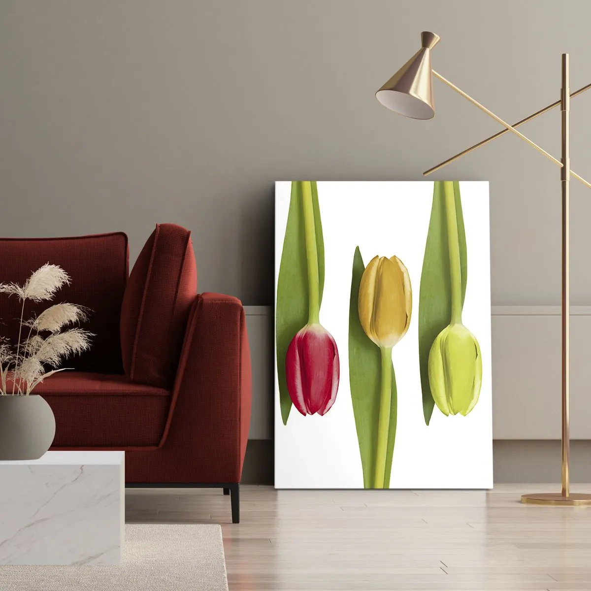Obraz na płótnie - Trzy kolorowe tulipany na białym tle - 50x70cm - Tęczowa kompozycja - Nowoczesna dekoracja ścienna do salonu, kuchni i sypialni ARTTOR