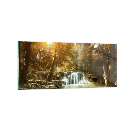 Obraz na szkle - Jesienny krajobraz z wodospadem - 120x50cm - Parkowa kaskada - Nowoczesna dekoracja ścienna do salonu i sypialni ARTTOR