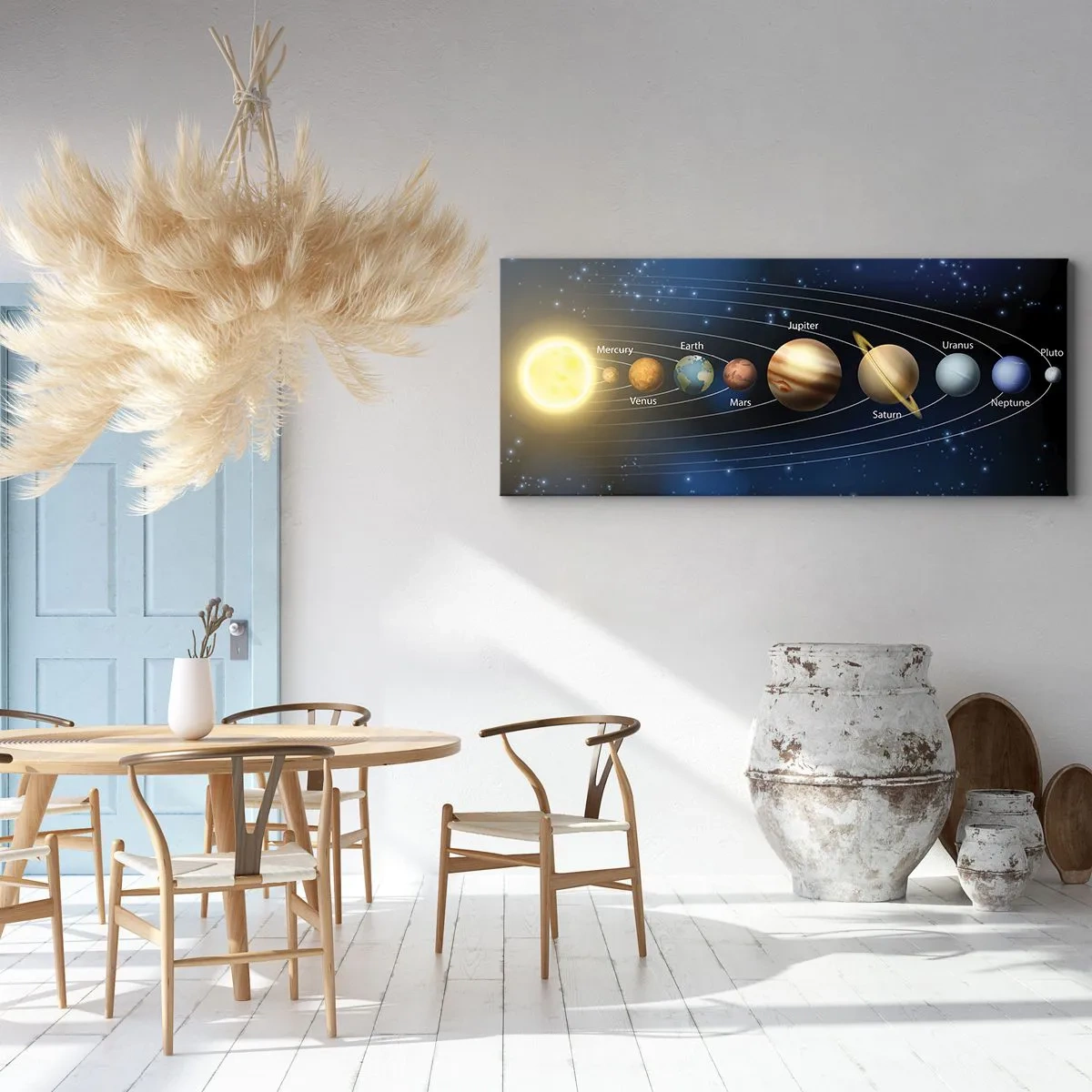 Obraz na płótnie - Schemat układu słonecznego z planetami i słońcem - 120x50cm - Jedna z dziesięciu - Nowoczesna dekoracja ścienna do salonu i sypialni ARTTOR