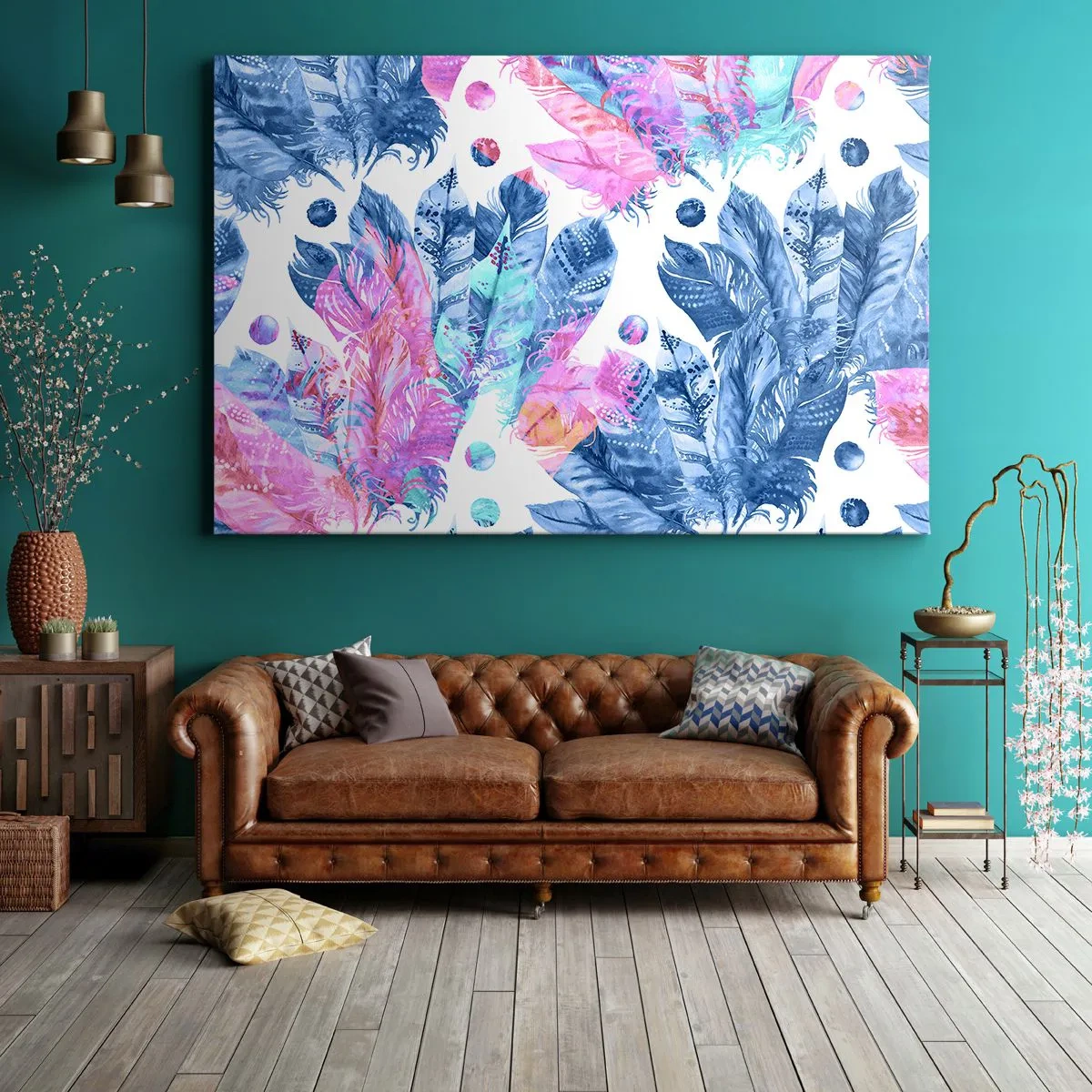 Obraz na płótnie - Abstrakcyjny wzór z kolorowymi piórami w pastelowych odcieniach - 70x50cm - Pióropusze w różu i błękicie - Nowoczesna dekoracja ścienna do salonu i sypialni ARTTOR