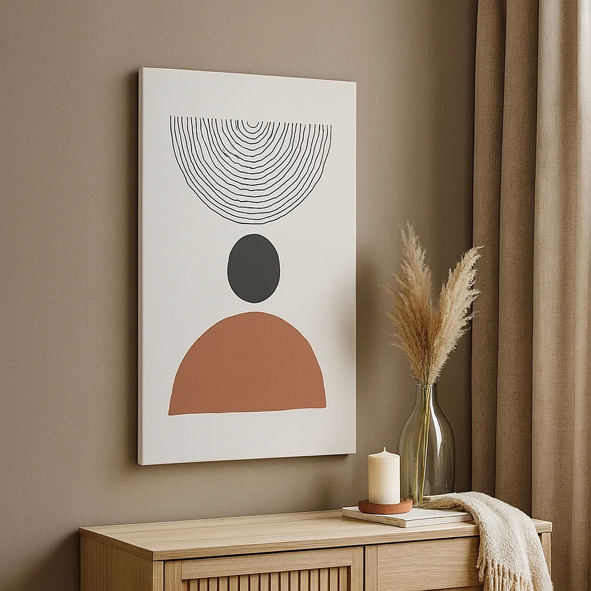 Obraz na płótnie - Abstrakcyjna kompozycja geometryczna z czarnym kołem, brązową półkulą i koncentrycznymi liniami na jasnym tle - 50x70cm - W centrum uwagi - Nowoczesna dekoracja ścienna do salonu, kuchni i sypialni ARTTOR