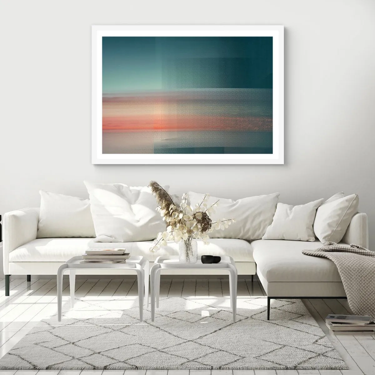 Plakat w białej ramie - Abstrakcja: fale światła - 100x70 cm