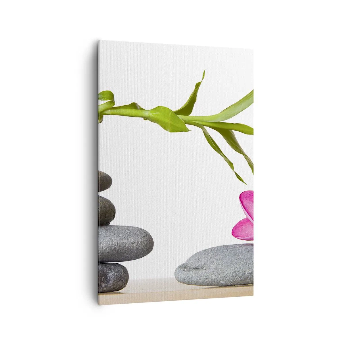 Obraz na płótnie - Bambus i różowy kwiat na kamieniach w stylu zen - 80x120cm - Kolory życia i trwania - Nowoczesna dekoracja ścienna do salonu i sypialni ARTTOR