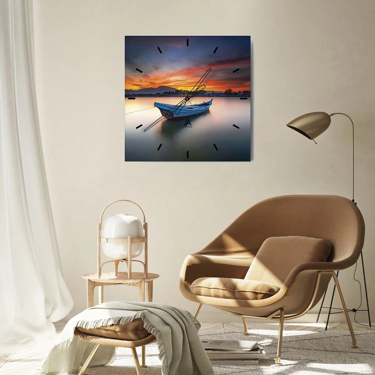 Zegar ścienny - Łódź na wodzie podczas malowniczego zachodu słońca - 30x30cm - Nadchodzi dobra noc - Nowoczesna dekoracja ścienna do salonu i sypialni ARTTOR