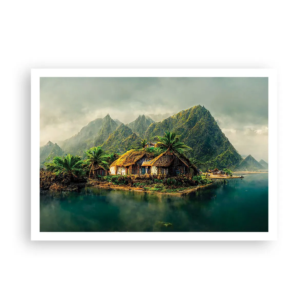 Plakat - Tropikalna wyspa z palmami i górami w tle - 100x70cm - Tropikalny raj - Nowoczesna dekoracja ścienna do salonu i sypialni ARTTOR