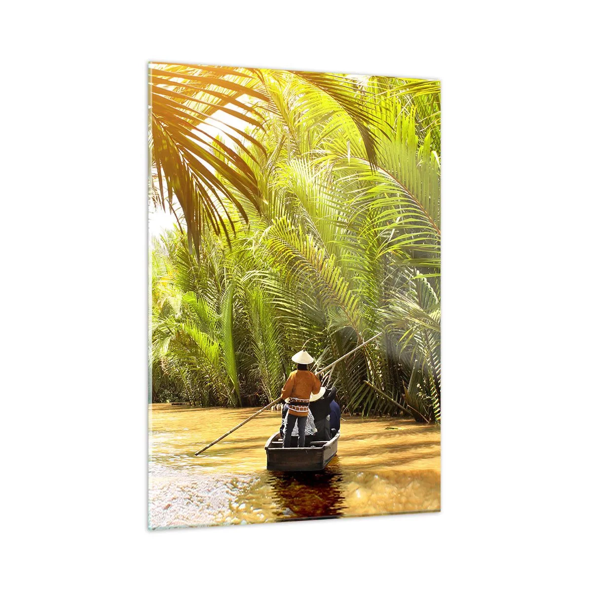 Obraz na szkle - Łódź z wiosłującym mężczyzną płynie przez palmowy wąwóz - 50x70cm - Palmowym wąwozem - Nowoczesna dekoracja ścienna do salonu, kuchni i sypialni ARTTOR
