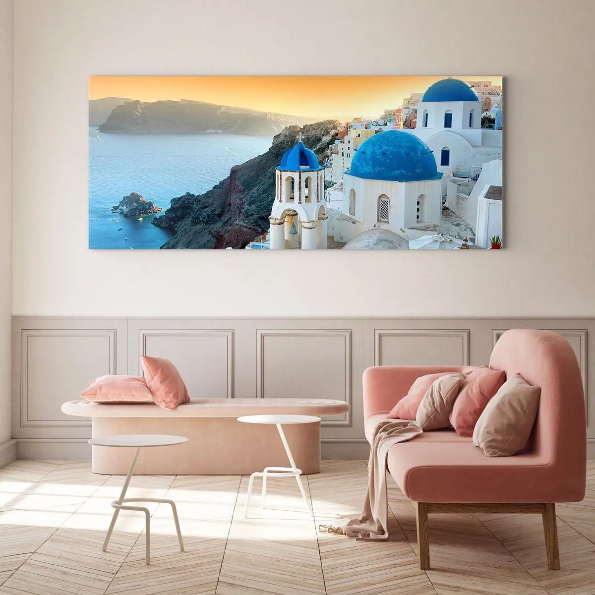 Obraz na szkle - Santorini - przytulone do skał - 100x40 cm