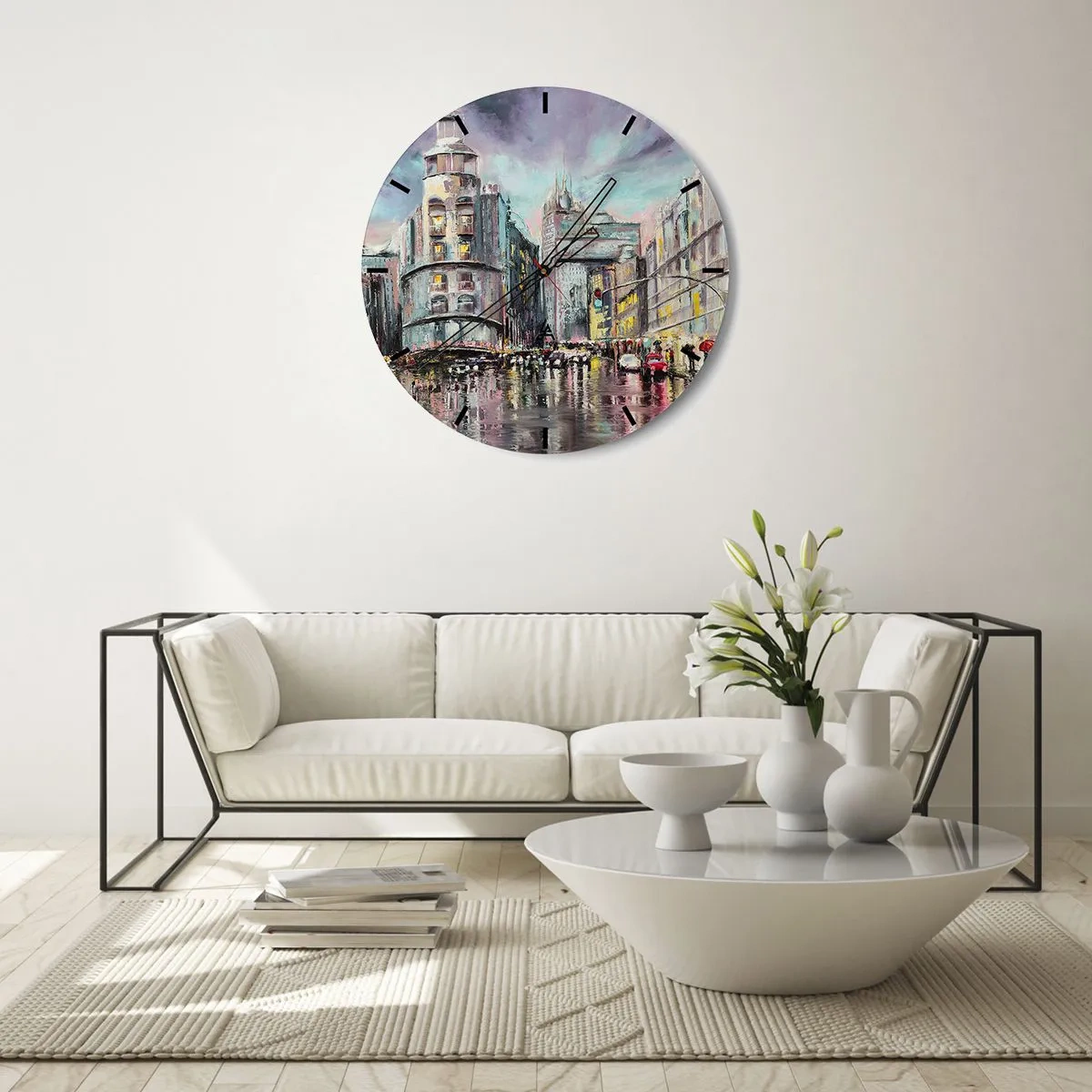 Zegar ścienny - Ulica miasta nocą w deszczu z odbiciami świateł - 30x30cm - To będzie udany wieczór - Nowoczesna dekoracja ścienna do salonu, kuchni i sypialni ARTTOR
