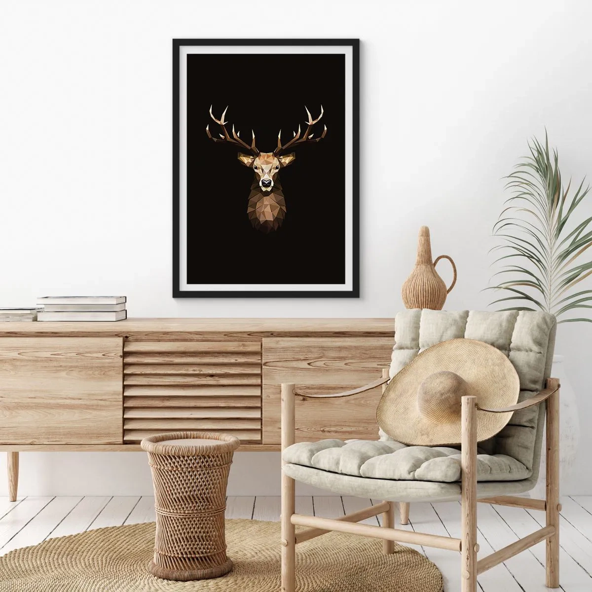 Plakat w czarnej ramie - Geometryczny wizerunek jelenia na czarnym tle - 50x70cm - Kubistyczny jeleń - Nowoczesna dekoracja ścienna do salonu i sypialni ARTTOR
