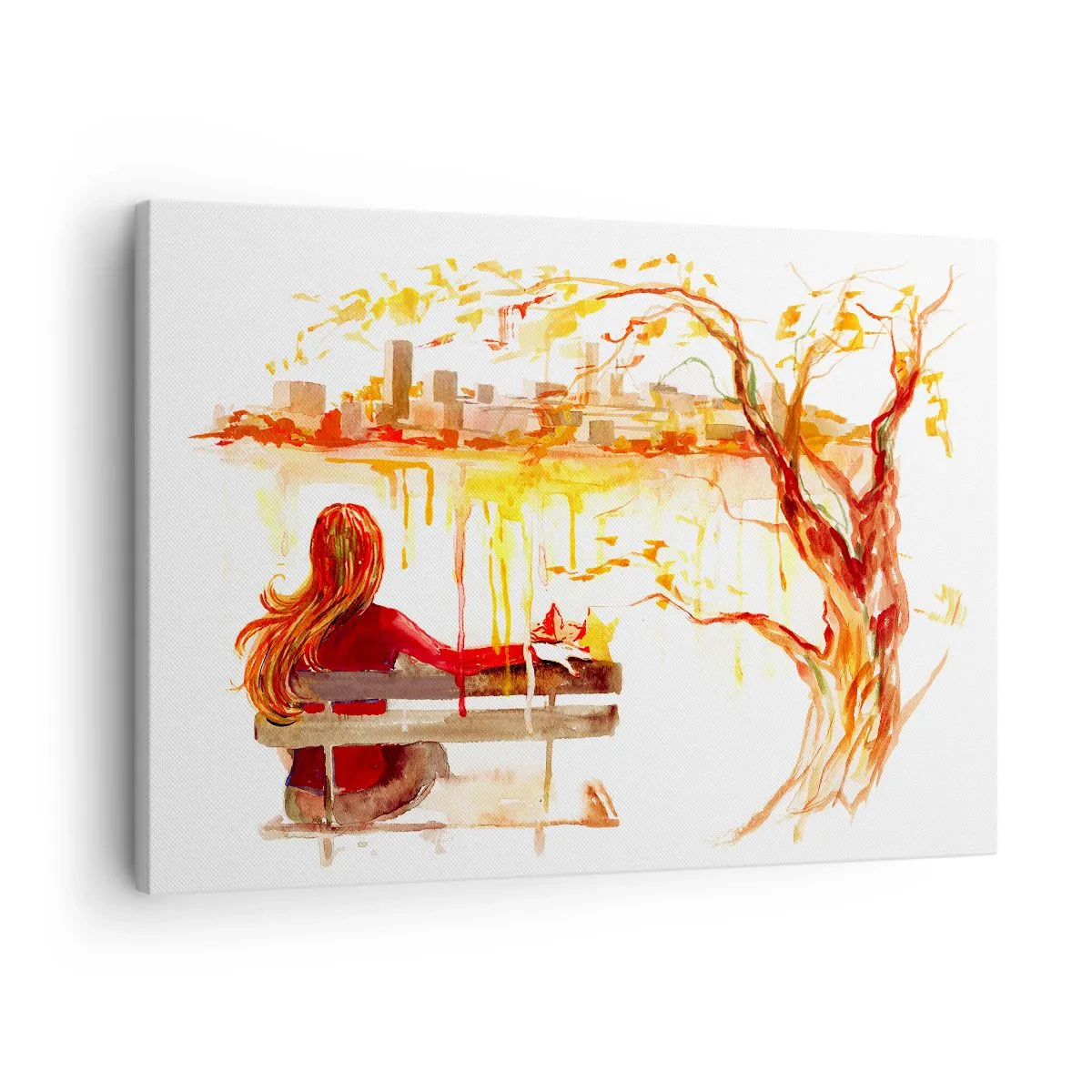 Obraz na płótnie - Akwarelowa scena kobiety na ławce z widokiem na miasto - 70x50cm - Chwila zadumy - Nowoczesna dekoracja ścienna do salonu i sypialni ARTTOR