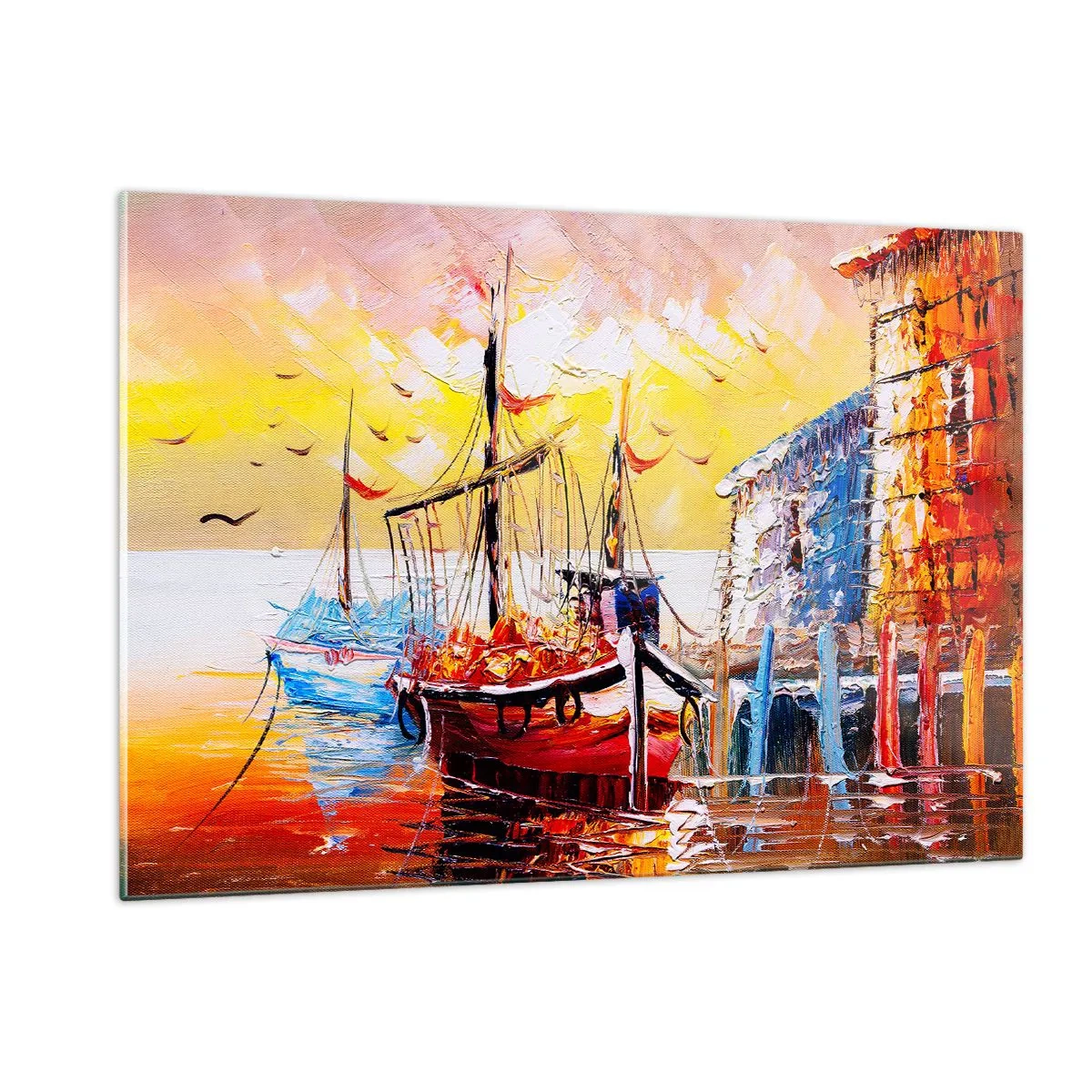Obraz na szkle - Kolorowe żaglówki przy zachodzie słońca - 120x80cm - Szczęśliwy powrót - Nowoczesna dekoracja ścienna do salonu, kuchni i sypialni ARTTOR