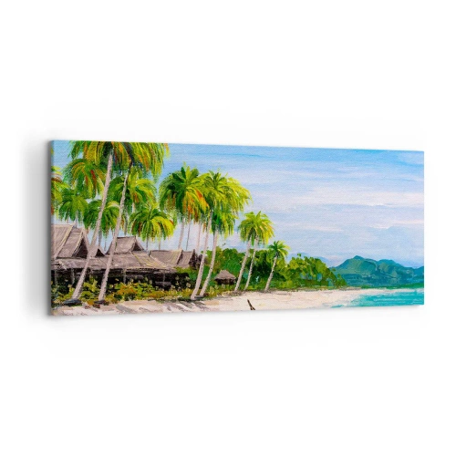 Obraz na płótnie - Egzotyczna plaża z palmami i łodzią przy brzegu - 120x50cm - Egzotyczny sen - Nowoczesna dekoracja ścienna do salonu i sypialni ARTTOR