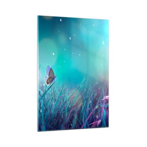 Obraz na szkle - Motyl na trawie w świetle rozmytych refleksów - 80x120cm - Sekretne życie łąki - Nowoczesna dekoracja ścienna do salonu i sypialni ARTTOR