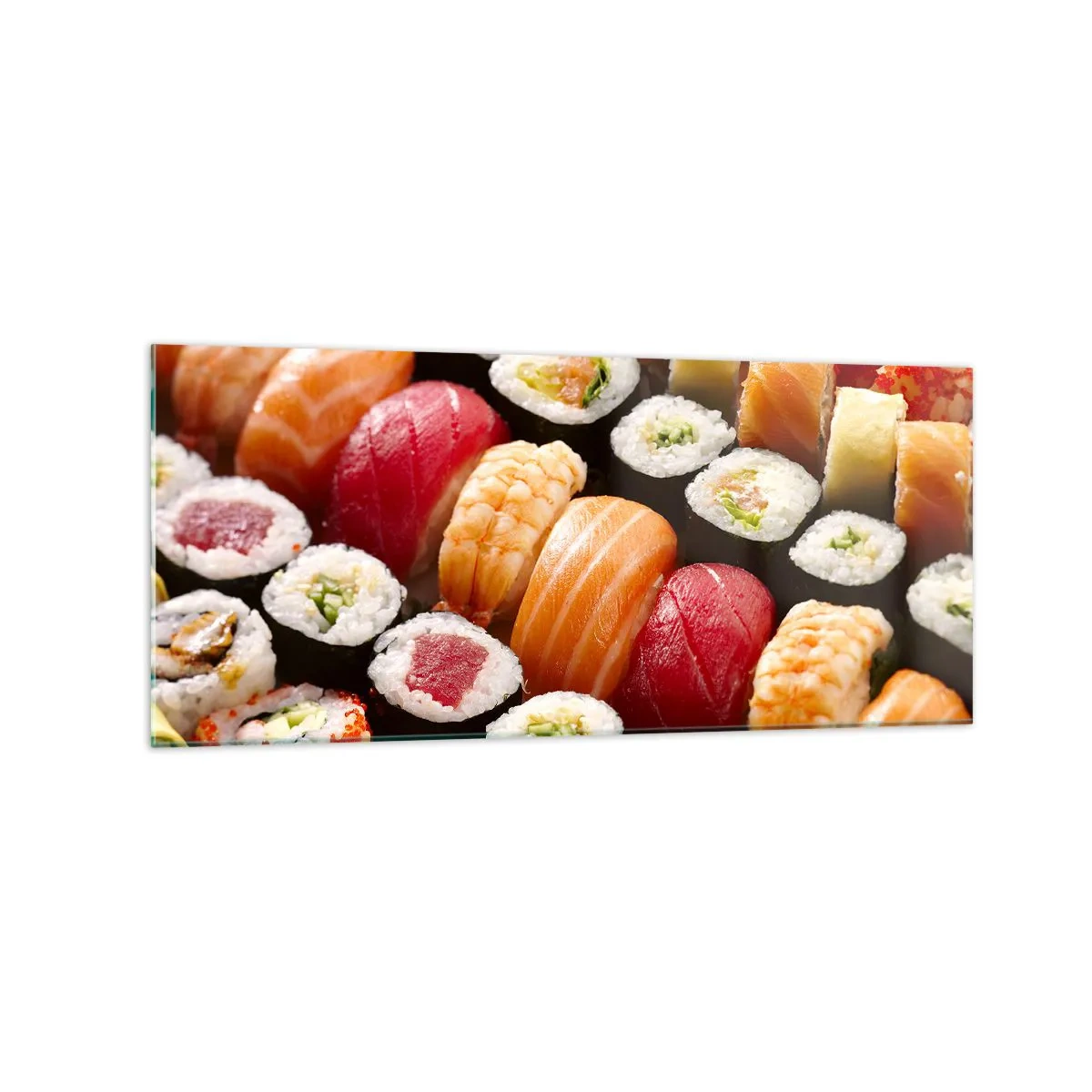 Obraz na szkle - Kolorowe sushi ułożone w rzędy z różnorodnymi dodatkami - 120x50cm - Barwy i smaki Azji - Nowoczesna dekoracja ścienna do salonu i sypialni ARTTOR
