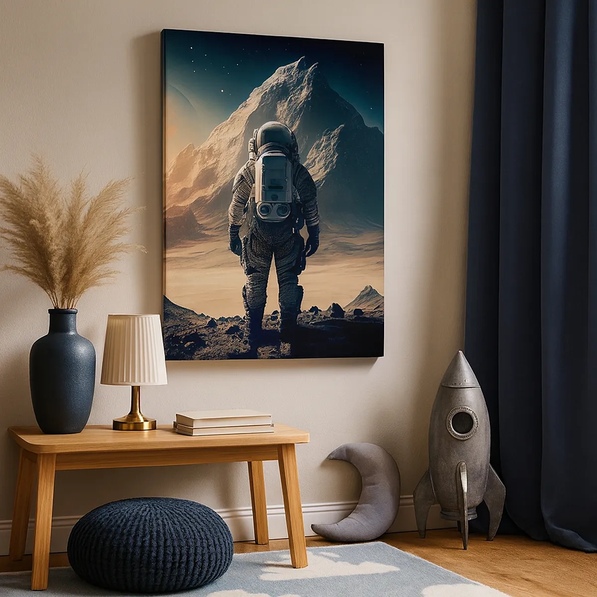 Obraz na płótnie - Astronauta stojący na powierzchni obcej planety z monumentalną górą w tle - 50x70cm - Nowe wyzwanie - Nowoczesna dekoracja ścienna do salonu, kuchni i sypialni ARTTOR