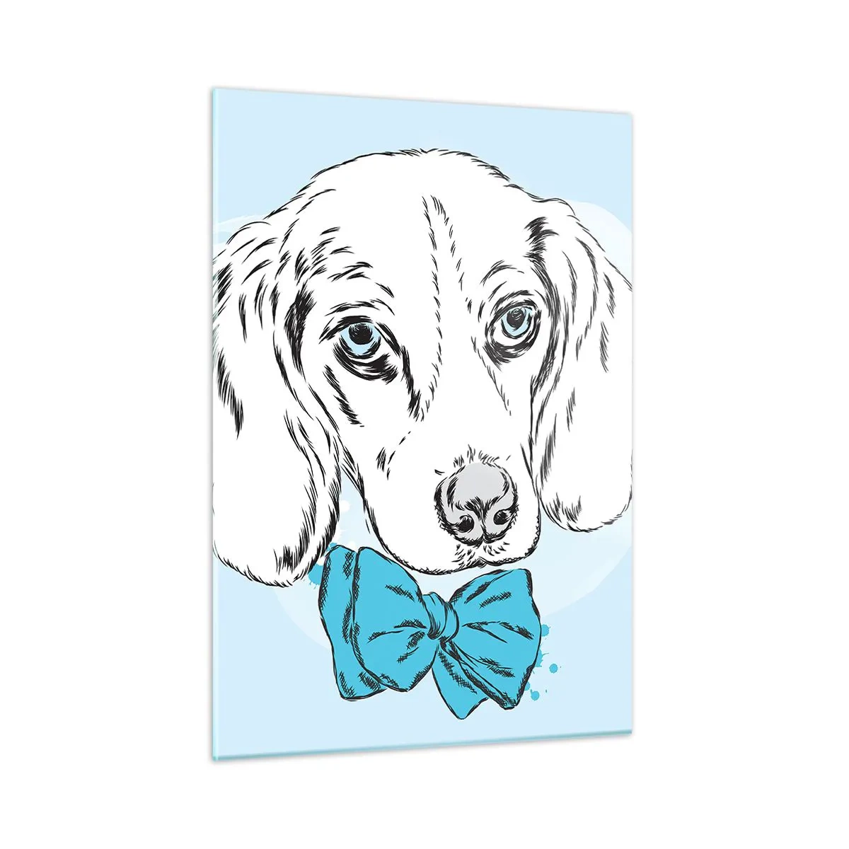 Obraz na szkle - Rysunek psa z muszką na niebieskim tle - 50x70cm - Psia elegancja - Nowoczesna dekoracja ścienna do salonu, kuchni i sypialni ARTTOR