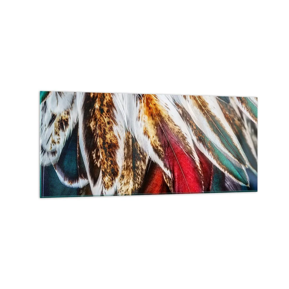 Obraz na szkle - Zbliżenie na wielokolorowe pióra w żywych, intensywnych barwach - 120x50cm - Tajemnice lotu - Nowoczesna dekoracja ścienna do salonu i sypialni ARTTOR