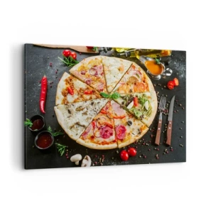 Obraz na płótnie - Pizza w różnych smakach na tle z dodatkami - 120x80cm - Wachlarz smaków - Nowoczesna dekoracja ścienna do salonu, kuchni i sypialni ARTTOR