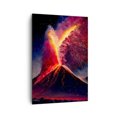 Obraz na płótnie - Wyjątkowa erupcja wulkanu w nocy z dynamicznymi kolorami - 70x100cm - Piękno i groza - Nowoczesna dekoracja ścienna do salonu i sypialni ARTTOR