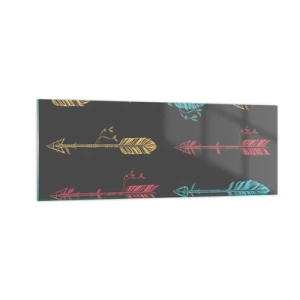 Obraz na szkle - Stylizowany wzór strzał w pastelowych kolorach na ciemnym tle - 140x50cm - W ordynku - Nowoczesna dekoracja ścienna do salonu i sypialni ARTTOR