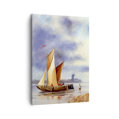Obraz na płótnie - Obraz przedstawia żaglowiec na spokojnej wodzie z wiatrakiem w tle - 50x70cm - Powrót żeglarzy - Nowoczesna dekoracja ścienna do salonu, kuchni i sypialni ARTTOR