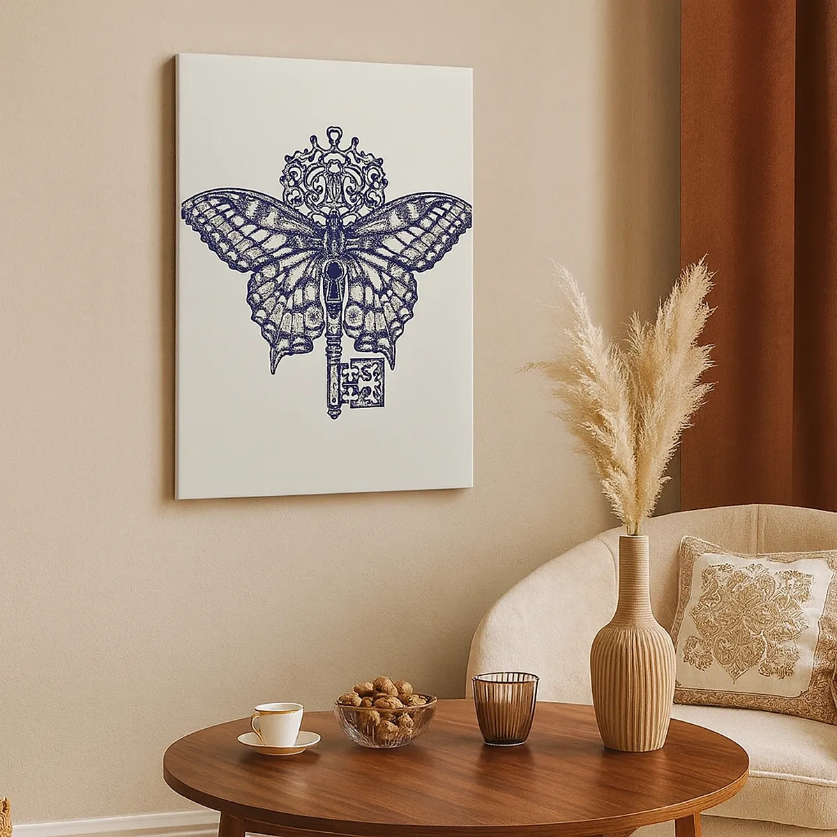 Obraz na płótnie - Motyl z ozdobnym kluczem w stylu vintage - 50x70cm - Wszystkie tajemnice serca - Nowoczesna dekoracja ścienna do salonu, kuchni i sypialni ARTTOR