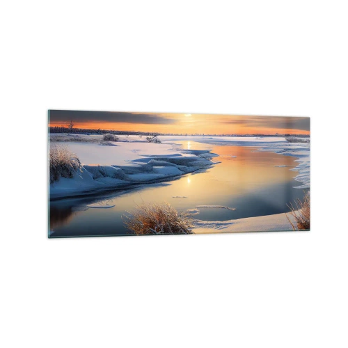 Obraz na szkle - Zimowy krajobraz z rzeką o zachodzie słońca - 120x50cm - Zimowy zachód słońca - Nowoczesna dekoracja ścienna do salonu i sypialni ARTTOR