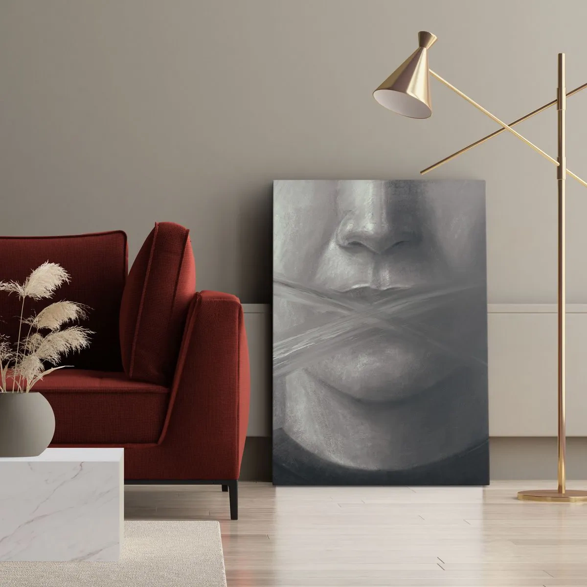 Obraz na płótnie - Portret z zamazanymi ustami w odcieniach szarości - 50x70cm - Ani słowa - Nowoczesna dekoracja ścienna do salonu, kuchni i sypialni ARTTOR