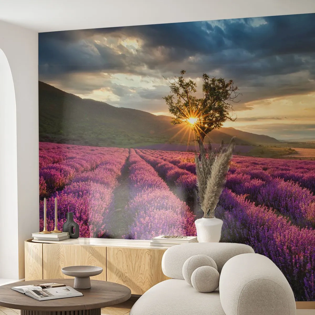 Fototapeta Premium Sand - Pole lawendy o zachodzie słońca - 100x70cm - Aromat w kolorze lila - Nowoczesna dekoracja ścienna do salonu, kuchni i sypialni ARTTOR