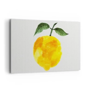 Obraz na płótnie - Akwarelowa cytryna z zielonymi liśćmi na jasnym tle - 100x70cm - Jak poznać smak słońca - Nowoczesna dekoracja ścienna do salonu, kuchni i sypialni ARTTOR