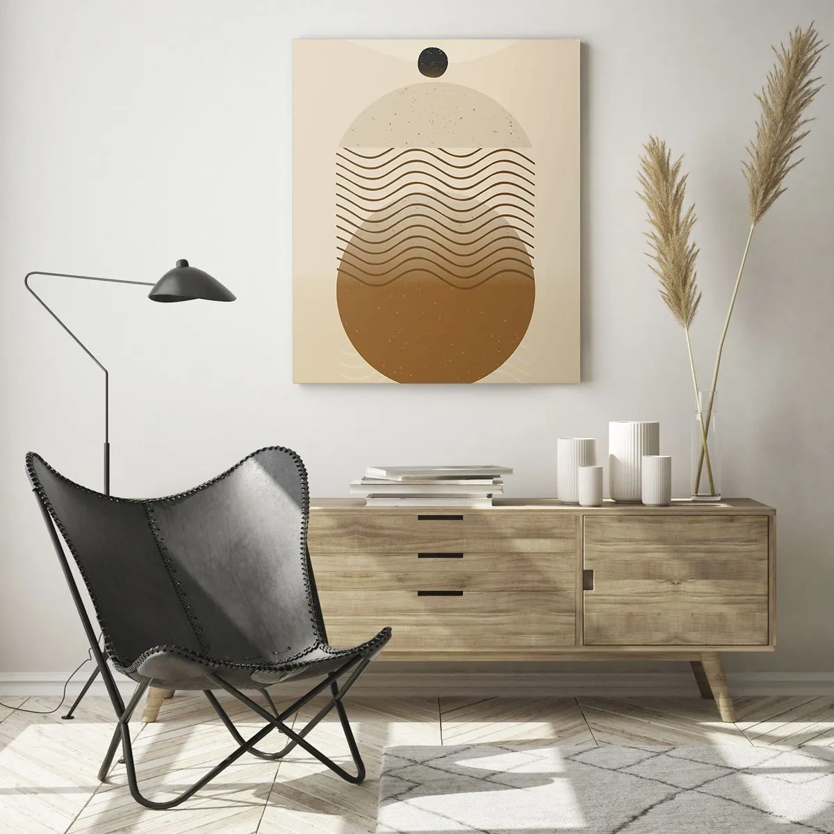 Obraz na szkle - Kompozycja geometryczna z falami i kołami w beżowej kolorystyce - 50x70cm - O pochodzeniu figur geometrycznych - Nowoczesna dekoracja ścienna do salonu, kuchni i sypialni ARTTOR