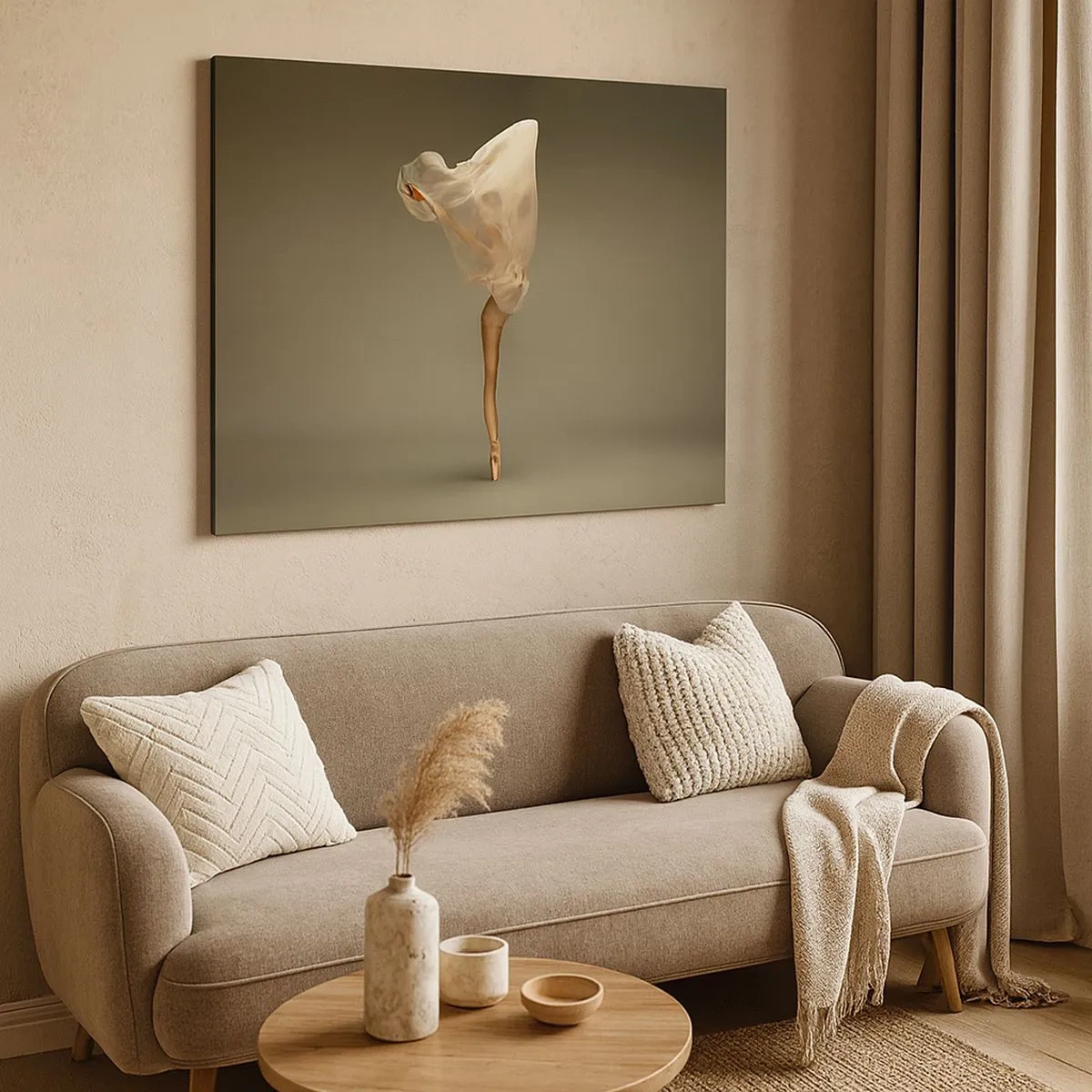 Obraz na płótnie - Tancerka unosząca się z tkaniną w powietrzu - 70x50cm - Zaraz wzleci - Nowoczesna dekoracja ścienna do salonu i sypialni ARTTOR