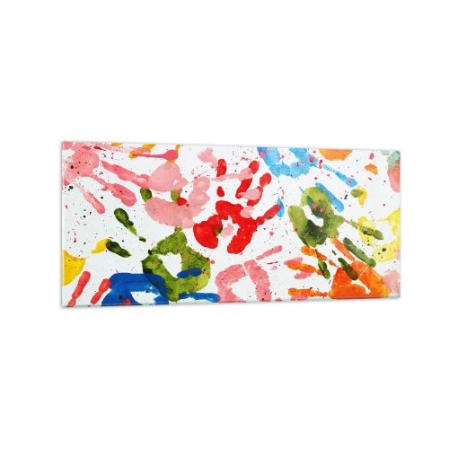Obraz na szkle - Kolorowe odciski dłoni na białym tle - 120x50cm - Idź po śladach - Nowoczesna dekoracja ścienna do salonu i sypialni ARTTOR