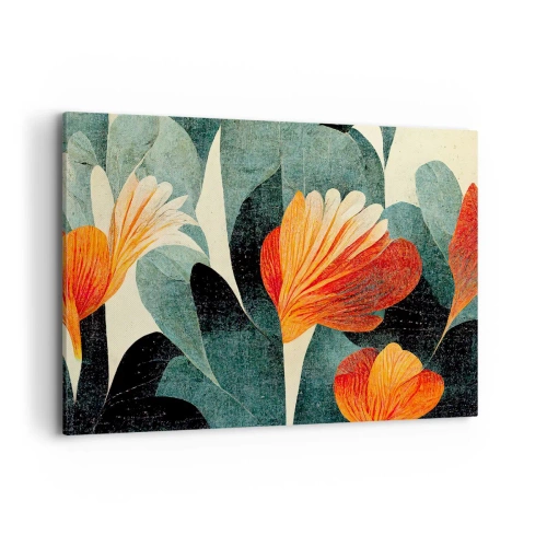 Obraz na płótnie - Kwiaty w intensywnych odcieniach pomarańczu i zieleni - 120x80cm - Żar tropików i chłód zieleni - Nowoczesna dekoracja ścienna do salonu, kuchni i sypialni ARTTOR