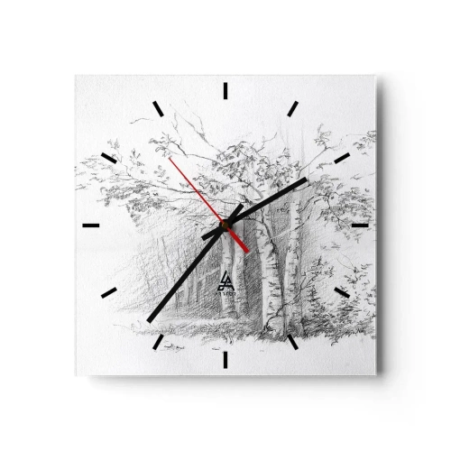 Zegar ścienny - Rysunek brzozowego lasu w subtelnym szkicu ołówkiem - 30x30cm - Światło brzozowego lasu - Nowoczesna dekoracja ścienna do salonu i sypialni ARTTOR