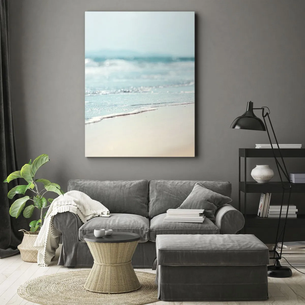 Obraz na płótnie - Delikatne fale oceanu na piaszczystej plaży - 80x120cm - Ciepło i szum - Nowoczesna dekoracja ścienna do salonu i sypialni ARTTOR