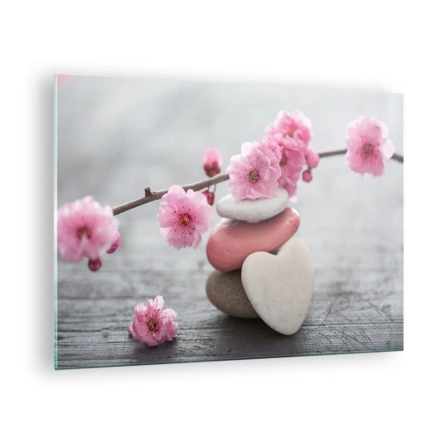Obraz na szkle - Różowe kwiaty wiśni i kamienie w kształcie serca - 70x50cm - Błogość z kwiatem wiśni - Nowoczesna dekoracja ścienna do salonu i sypialni ARTTOR