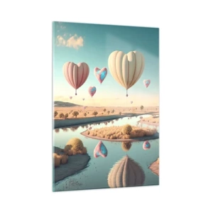 Obraz na szkle - Balony w kształcie serc nad bajkowym krajobrazem z rzeką - 50x70cm - Miłość pozwala wznieść się - Nowoczesna dekoracja ścienna do salonu, kuchni i sypialni ARTTOR