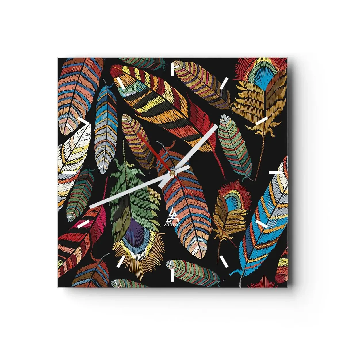 Zegar ścienny - Kolorowe pióra na czarnym tle - 30x30cm - Ptasi karnawał - Nowoczesna dekoracja ścienna do salonu i sypialni ARTTOR