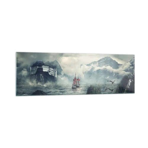 Obraz na szkle - Tajemniczy krajobraz z zamkiem, górami i statkiem - 160x50cm - Na magicznych wodach - Nowoczesna dekoracja ścienna do salonu i sypialni ARTTOR
