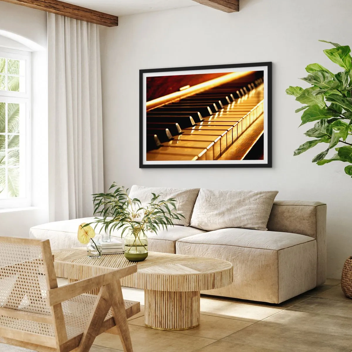 Plakat w czarnej ramie - Klawiatura fortepianu w złotym oświetleniu - 70x50cm - Nieograniczone możliwości - Nowoczesna dekoracja ścienna do salonu i sypialni ARTTOR
