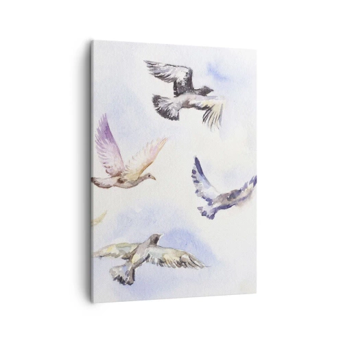 Obraz na płótnie - Delikatna akwarela przedstawiająca lecące ptaki na tle nieba - 50x70cm - Wolność w szarości i błękicie - Nowoczesna dekoracja ścienna do salonu, kuchni i sypialni ARTTOR