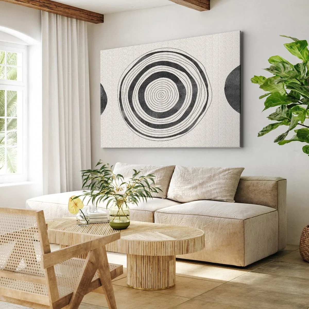 Obraz na płótnie - Minimalistyczne czarno-białe okręgi na jasnym tle - 70x50cm - Ważne to co pomiędzy - Nowoczesna dekoracja ścienna do salonu i sypialni ARTTOR
