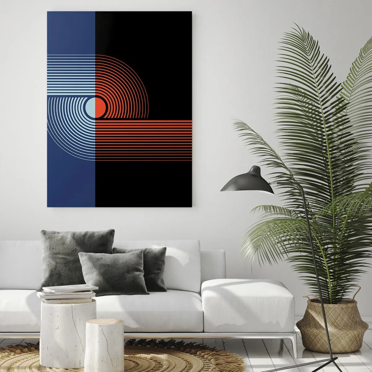 Obraz na szkle - Geometryczna abstrakcja z liniami w kolorach granatu i pomarańczu - 80x120cm - W geometrycznym uścisku - Nowoczesna dekoracja ścienna do salonu i sypialni ARTTOR