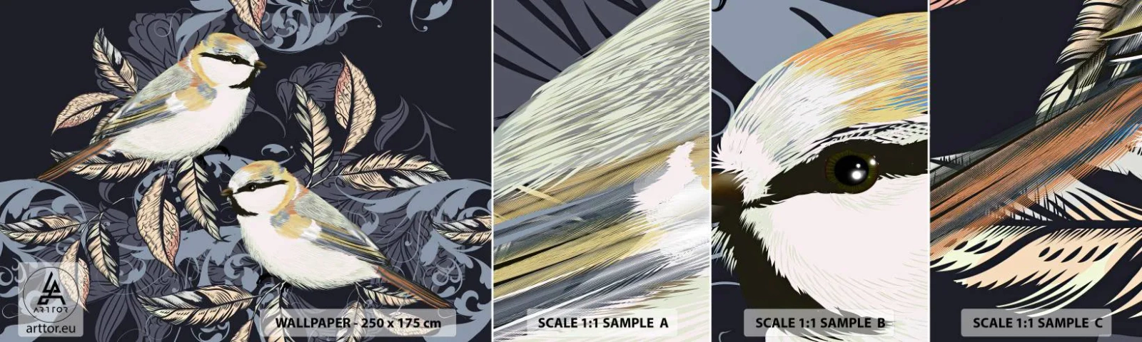 Fototapeta Próbka Standard Eco - Żółto-błękitny trel - Abstrakcja, Ptaki, Liście - 100x30 cm